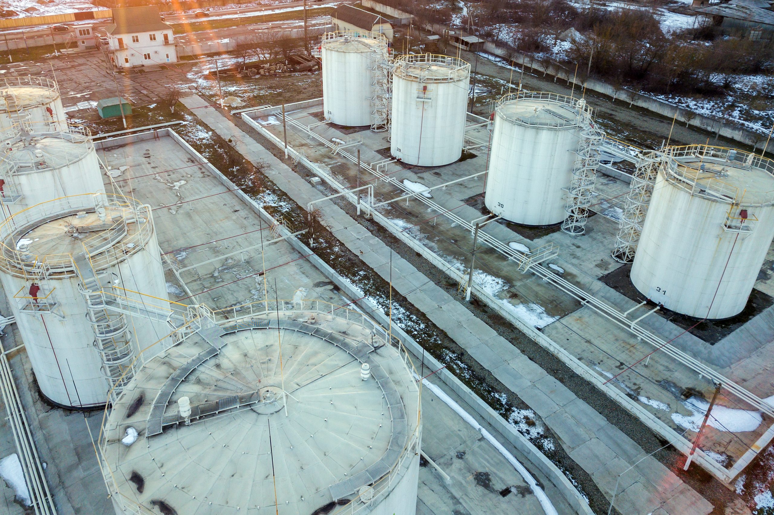 Petroleum storage tanks at an industrial storage facility